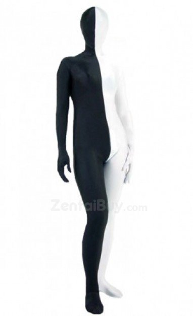Fullbody Zentai Half Black Half White Spandex lycra Zentai Suit