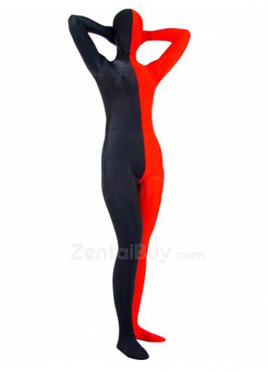Fullbody Zentai Half Red Half Black Spandex lycra Zentai Suit