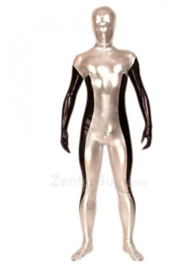 Silver Black Shiny Catsuit Metallic Party Catsuit Zentai Suit