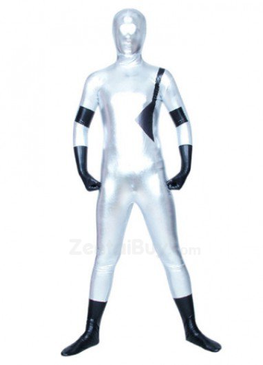 White And Black Shiny Catsuit Metallic Party Catsuit Unisex Suit