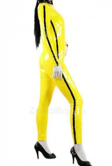 Yellow Front Open With Stripe Pattern Shiny PVC Catsuit Party