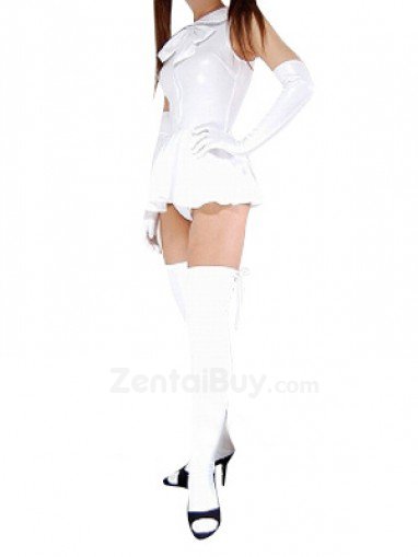 Cool White Shiny Catsuit Metallic Party Catsuit Bowknot Mini Skirt Suit