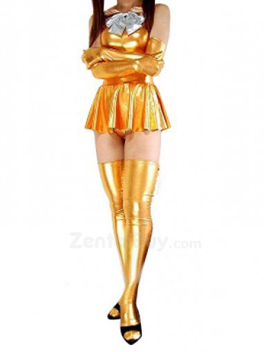 Gold Shiny Catsuit Metallic Party Catsuit Bowknot Mini Skirt Suit