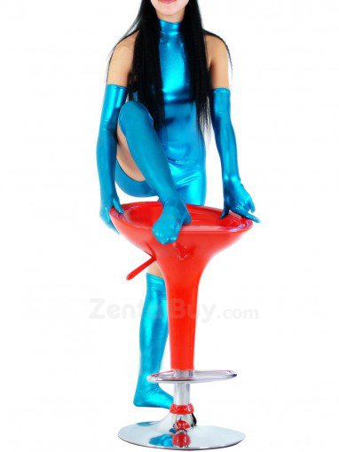 Lake Blue Shiny Catsuit Metallic Party Catsuit Half Length Sleeveless Unisex Dress