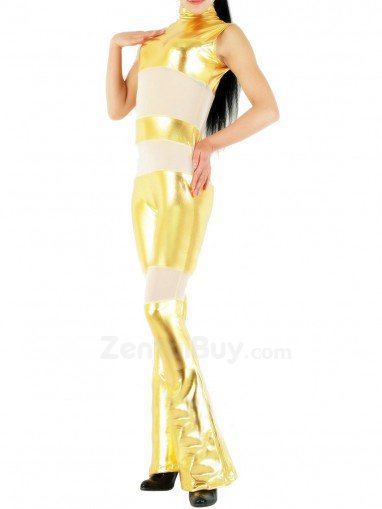 Gold Shiny Catsuit Metallic Party Catsuit with Velour Fabric Half Length Sleeveless Catsuit Party