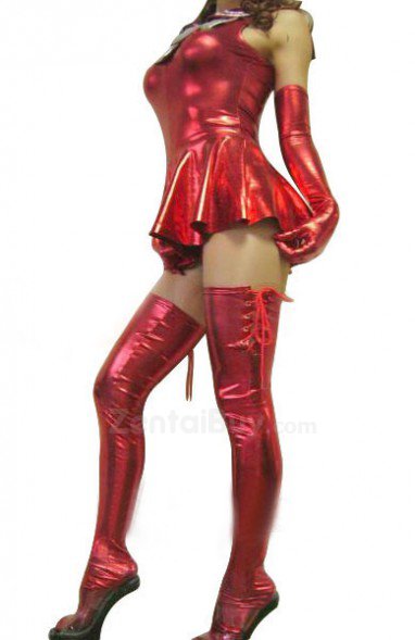 Sexy Red Skirt and Stockings PVC Catsuit Party with Long  Sleeves