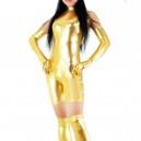 Golden Shiny Catsuit Metallic Party Catsuit Half Length Sleeveless Unisex Catsuit Party with Gloves and Half Stockings
