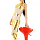 Gold Shiny Catsuit Metallic Party Catsuit with Velour Fabric Half Length Sleeveless Catsuit Party 