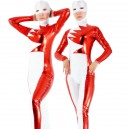 Lycra Spandex lycra White Unisex Catsuit Party with Red Shiny Catsuit Metallic Party Catsuit Pattern 