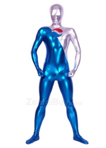 Blue And Silver Shiny Catsuit Metallic Party Catsuit Pepsi  Zentai Suit