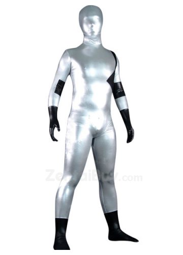 Silver And Black Shiny Catsuit Metallic Party Catsuit Lycra Spandex lycra Zentai Suit