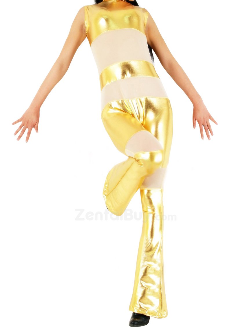 Gold Shiny Catsuit Metallic Party Catsuit with Velour Fabric Half Length Sleeveless Catsuit Party