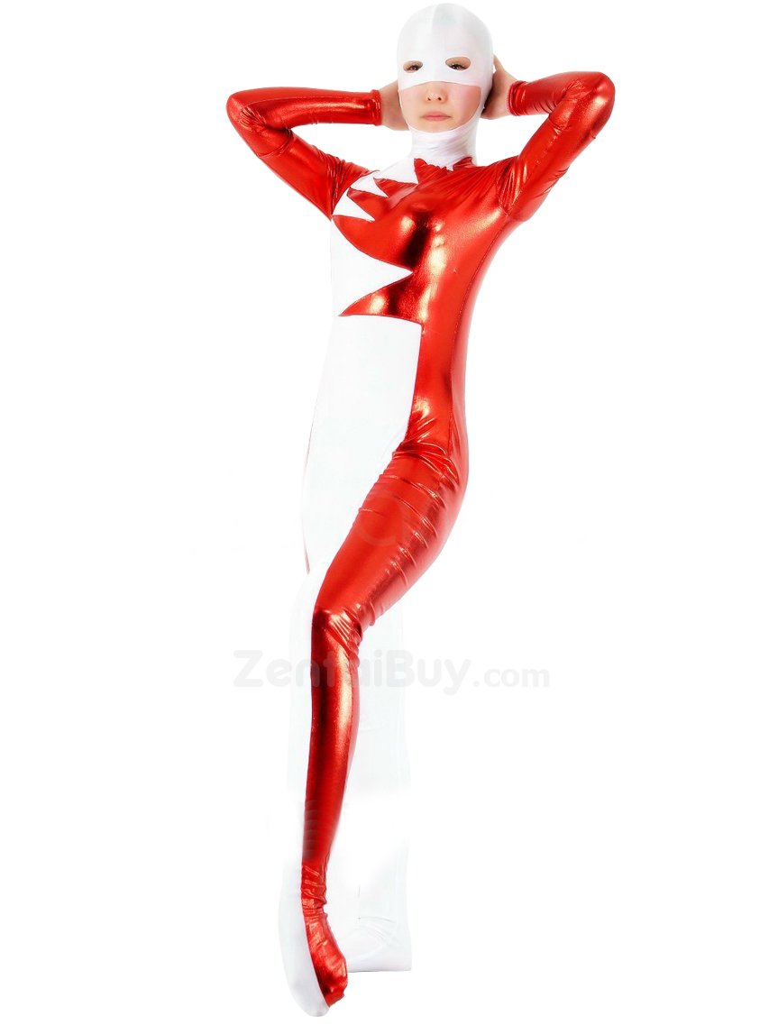 Lycra Spandex lycra White Unisex Catsuit Party with Red Shiny Catsuit Metallic Party Catsuit Pattern