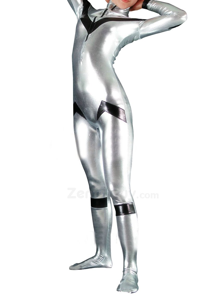 Silver Shiny Catsuit Metallic Party Catsuit Unisex Catsuit Party with Black V Pattern