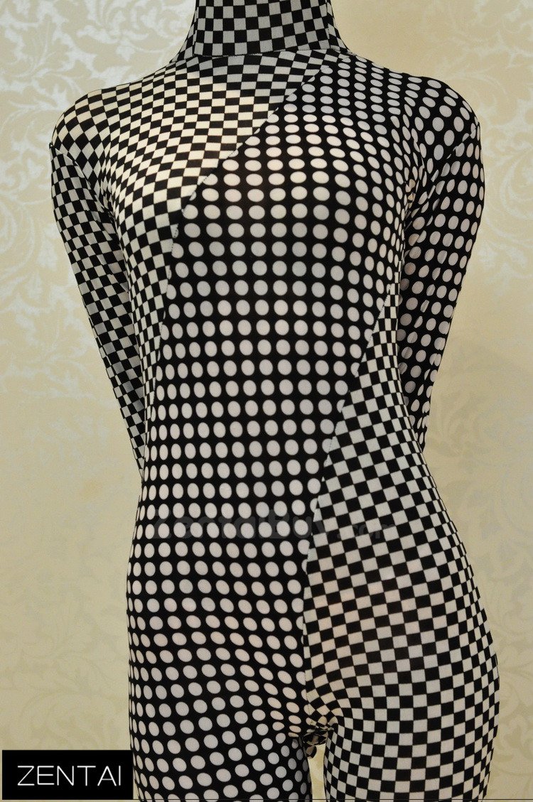 Polka Dot Checkered Pattern of Black and White Color Stitching Sense Art Fullbody Zentai Suit Tights