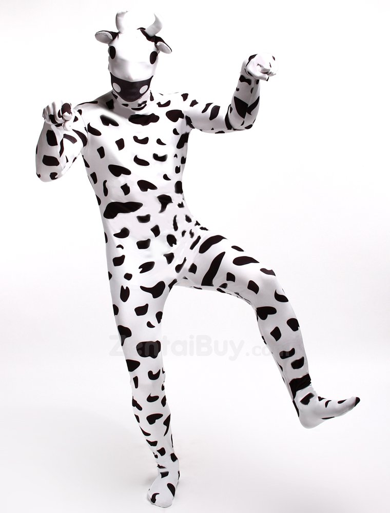 Black and White Dots Cow Cartoon Fullbody Zentai Halloween Spandex lycra Holiday Party Unisex Cosplay Zentai Suit