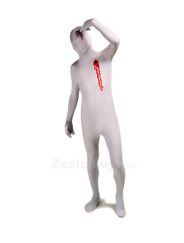 White Gun Shot Blood Fullbody Zentai Halloween Spandex lycra Holiday Party Unisex Cosplay Zentai Suit